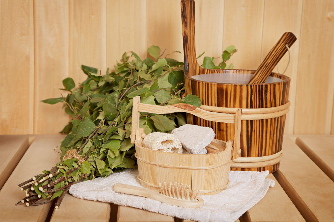Sauna with a bucket and a birch whisk