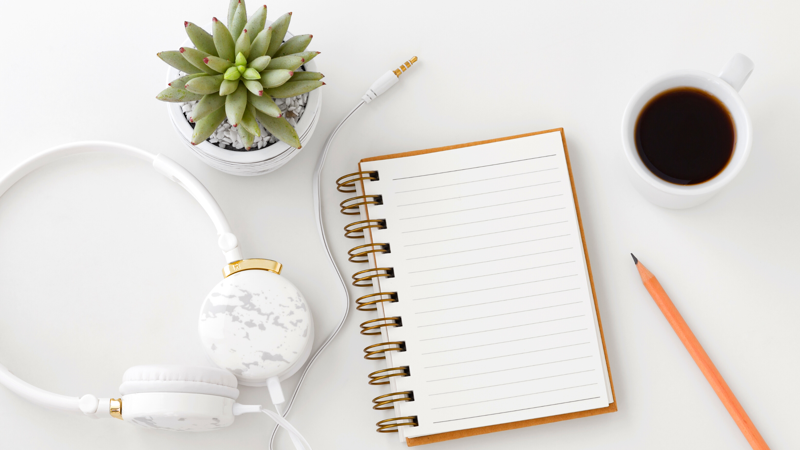 Headphones, notebook, coffee and a plant